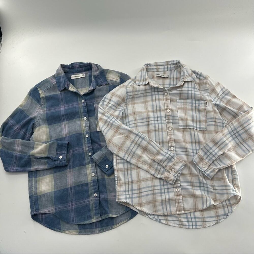 Abercrombie Kids Soft Button Up Plaid Shirt Bundle Girls Youth Blue and White